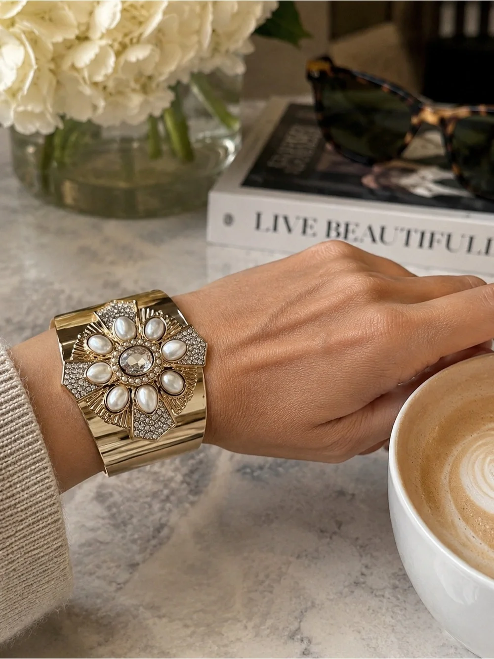 Statement Gold Cuff Bracelet with T-Shaped Pearl and Rhinestone Details